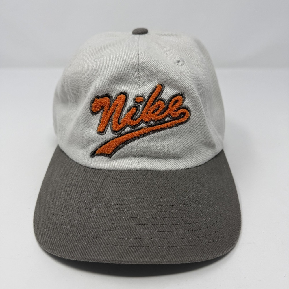 Vintage Nike Hat Cap Strapback Gray Orange Two Tone Script Swoosh Dad